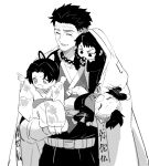  1girl 3boys afterimage aged_down beads belt butterfly_hair_ornament carrying child child_carry closed_eyes commentary_request greyscale hair_ornament haori highres himejima_gyoumei japanese_clothes kaigaku kimetsu_no_yaiba kimono kochou_shinobu long_sleeves mecu_333 mohawk monochrome multiple_boys open_mouth parted_bangs pointing prayer_beads scar scar_on_face scar_on_forehead shinazugawa_genya short_hair simple_background smile standing thick_eyebrows v-shaped_eyebrows white_background 