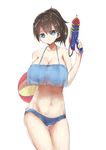  absurdres alternate_costume ball bare_shoulders beachball blue_eyes breasts brown_hair commentary_request eyebrows eyebrows_visible_through_hair highres huge_breasts kaga_(kantai_collection) kantai_collection navel pocche-ex see-through see-through_silhouette simple_background solo water_gun white_background 