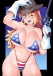  1girl absurdres american_flag american_flag_bikini american_flag_print armpit_crease ass_visible_through_thighs bikini blonde_hair blue_eyes blush breasts cleavage cowboy_hat flag_print flag_print_bikini gloves groin gun hair_between_eyes hand_on_own_hat hat highleg highleg_bikini highres holding holding_gun holding_weapon large_breasts long_hair looking_at_viewer navel one_eye_closed open_mouth original print_bikini revolver smile solo stomach swimsuit toxicstarr weapon white_gloves 