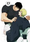  ! !? 2boys ? absurdres artist_name black_hair black_shirt blonde_hair blush carrying colored_sclera commentary_request doki_(doki_66_44) fushiguro_toji green_eyes green_sclera highres japanese_clothes jujutsu_kaisen kimono male_focus multiple_boys muscular muscular_male sample_watermark shirt short_hair simple_background speech_bubble spoken_exclamation_mark spoken_question_mark t-shirt twitter_username watermark white_background yaoi zen'in_naoya 