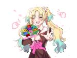  1girl blue_flower blue_hair blue_rose blush bouquet brown_dress commentary_request dress facing_viewer flower gradient_hair green_flower green_rose hair_flower hair_ornament hasu_no_sora_school_uniform holding holding_bouquet long_sleeves love_live! love_live!_hasu_no_sora_jogakuin_school_idol_club multicolored_hair neckerchief orange_flower orange_rose osawa_rurino parted_bangs pink_flower pink_rose purple_flower purple_rose red_flower red_neckerchief red_rose rose sailor_collar sailor_dress school_uniform solo twintails virtual_youtuber w watercap white_sailor_collar winter_uniform yellow_flower yellow_rose 
