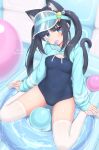  1girl air_mattress animal_ears ball black_hair blue_eyes blue_visor_cap blush breasts candy cat_ears cat_girl cat_tail commentary_request competition_school_swimsuit covered_navel food food-themed_hair_ornament food_in_mouth hair_bobbles hair_ornament head_tilt highres hooded_shrug ice_cream_hair_ornament indoors lollipop lollipop_in_mouth long_hair long_sleeves looking_at_viewer medium_breasts one-piece_swimsuit original sasaame school_swimsuit shrug_(clothing) sitting sleeves_past_wrists solo swim_ring swimsuit tail thighhighs twintails visor_cap wariza white_thighhighs 