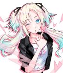  1girl black_jacket black_ribbon blonde_hair blue_eyes blue_hair blush collared_jacket commentary drop_shadow finger_gun gradient_hair hair_ribbon jacket looking_at_viewer love_live! love_live!_hasu_no_sora_jogakuin_school_idol_club multicolored_hair one_eye_closed open_clothes open_jacket osawa_rurino ribbon shirt short-sleeved_jacket short_sleeves solo takanashi_ayato twintails untranslatable_commentary upper_body virtual_youtuber white_background white_shirt 