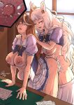  2girls ahoge animal_ears bakuhaku biwa_hayahide_(umamusume) breasts breasts_out brown_hair character_request clothed_sex clothes_lift clothes_pull commentary cum cum_in_pussy cum_overflow desk ear_ornament english_commentary fertilization futa_with_female futanari glasses hair_ornament highres horse_ears horse_girl impregnation indoors large_areolae large_breasts large_insertion multiple_girls nipples office ovum paper rolling_eyes school_uniform sex sex_from_behind shirt_lift skirt skirt_pull sperm_cell stomach_bulge symboli_rudolf_(umamusume) tracen_school_uniform umamusume white_hair window yellow_eyes 