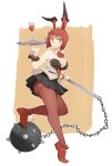  1girl ball_and_chain_(weapon) black_skirt breasts cleavage closed_mouth commentary_request detached_collar glass gregorius_yamada highres holding holding_tray holding_weapon inolie_(ryuu_to_yuusha_to_haitatsunin) large_breasts miniskirt nontraditional_playboy_bunny orange_eyes pantyhose red_hair red_shoes ryuu_to_yuusha_to_haitatsunin shoes short_hair simple_background skirt solo spiked_ball_and_chain tray weapon 