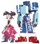  1girl aqua_armor armor baggy_pants black_hair black_shoes blank_eyes blue_armor blue_pants clothes_around_waist column_lineup commentary drawstring edith_(teknodice) english_commentary fingerless_gloves gloves hair_bun humanoid_robot jacket jacket_around_waist original pants pentel_(teknodice) pink_gloves pink_jacket pink_pants red_feet robot shoes short_hair simple_background solid_eyes standing sweatpants teknodice two-tone_armor white_background 