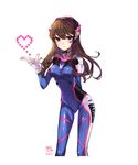  absurdres animal_print arm_behind_back armor bangs bodysuit boots breasts brown_eyes brown_hair bunny bunny_print cowboy_shot cropped_legs d.va_(overwatch) facepaint facial_mark gloves headphones heart high_collar highres long_hair medium_breasts overwatch pilot_suit shoulder_pads simple_background smile solo turtleneck weapon whisker_markings white_background white_footwear white_gloves xes_(xes_5377) 