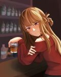  1girl absurdres alcohol bar_(place) black_choker braid brown_hair choker closed_mouth commentary cup drink english_commentary half_up_braid highres holding holding_cup holding_drink long_hair looking_at_viewer off-shoulder_sweater off_shoulder purple_eyes red_sweater sendai_hazuki shuuniichido_classmate_wo_kau_hanashi smile solo sweater whiskey zhaerys 
