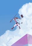  1girl :d angelina_(arknights) animal_ears arknights bag black_bag black_collar black_shirt black_shorts black_socks blue_sky brown_eyes brown_hair cloud coat collar commentary_request cumulonimbus_cloud day duffel_bag floating floating_hair fox_ears fox_girl full_body hairband highres holding holding_bag holding_staff jacket kneehighs long_hair mudrockuta26 multicolored_hairband open_clothes open_coat open_jacket outdoors outstretched_arms red_jacket shirt shoes short_shorts shorts sky smile sneakers socks solo spread_arms staff striped_clothes striped_hairband twintails two-tone_hairband white_coat 