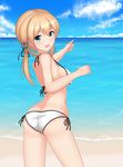  :d anchor_hair_ornament aqua_eyes ass back bare_shoulders beach bikini black_ribbon blonde_hair blue_eyes blue_sky blush breasts butt_crack cloud day eyebrows eyebrows_visible_through_hair from_behind hair_ornament hair_ribbon highres horizon kantai_collection large_breasts long_hair looking_at_viewer looking_back low_twintails ocean open_mouth outdoors pointing prinz_eugen_(kantai_collection) ribbon sand shirasawa_kazane shore side-tie_bikini sideboob sky smile solo standing strap_gap swimsuit twintails water white_bikini 