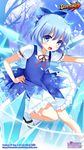  artist_name blue_dress blue_eyes blue_hair blush cirno copyright_name danmaku!! dress hair_ribbon highres ice ice_wings kurot mary_janes open_mouth outstretched_arm puffy_sleeves ribbon shoes short_hair short_sleeves smile snowflakes socks solo sparkle text_focus touhou watermark web_address white_legwear wings 