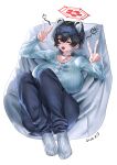  1girl absurdres animal_ears black_hair blue_archive blue_pants blue_sweater blush breasts collarbone commentary double_v drooling grey_socks hair_between_eyes halo heart_pendant highres huge_breasts looking_at_viewer lying one_eye_closed open_mouth pants pendant_choker raccoon_ears red_halo shangdi_de_fa_zhang short_hair socks solo squeans sweater tsubaki_(blue_archive) v yawning 