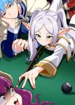 2boys 3girls 8-ball absurdres aura_(sousou_no_frieren) aura_bullying_(meme) ball billiard_ball billiard_table billiards black_robe blue_eyes blue_hair blue_tunic blush braid capelet cloak closed_mouth coat commentary cue_stick demon_girl demon_horns dress earrings elf elpipe_3000 english_commentary fern_(sousou_no_frieren) floating_earrings frieren green_eyes highres himmel_(sousou_no_frieren) holding holding_cue_stick horns horrified hug jewelry leaning_on_table long_hair long_sleeves meme multiple_boys multiple_braids multiple_girls on_table parted_bangs patreon_username pointy_ears purple_hair quad_braids red_coat robe short_hair smile sousou_no_frieren stark_(sousou_no_frieren) table teardrop_earrings time_paradox tunic twintails white_capelet white_hair 