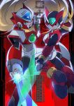  2boys armor blonde_hair chest_jewel energy_sword forehead_jewel helmet holding holding_sword holding_weapon male_focus mega_man_(series) mega_man_x_(series) mega_man_zero_(series) multiple_boys red_armor red_background red_helmet sword to_i_to_io weapon z_saber zero(z)_(mega_man) zero_(mega_man) 
