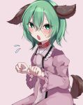  1girl animal_ears blush choker commentary dog_ears dog_girl fang flying_sweatdrops green_eyes green_hair hair_between_eyes highres kasodani_kyouko long_sleeves looking_at_viewer minoru_0110 open_mouth pink_background red_choker short_hair simple_background skin_fang solo touhou upper_body 