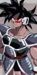  1boy black_hair closed_mouth commentary cowboy_shot dark-skinned_male dark_skin dragon_ball dragon_ball_z dragon_ball_z:_the_tree_of_might english_commentary grey_background grey_theme magma_(medium) male_focus monkey_boy monkey_tail oekaki paint_chat_(medium) pectorals saiyan_armor scouter short_hair simple_background sketch solo spiked_hair tail tail_around_own_waist tail_wrap teknodice tullece 