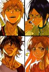  1girl 3boys adjusting_eyewear black_hair black_kimono bleach brown_hair carrying coat collarbone collared_shirt column_lineup commentary_request facing_viewer flower_hairclip frown glasses grey_shirt grid_lineup hair_between_eyes hair_ornament hair_over_eyes hairclip hand_on_eyewear high_collar highres inoue_orihime ishida_uryuu japanese_clothes kimono kurosaki_ichigo lips long_hair looking_at_viewer multiple_boys orange_eyes orange_hair parted_bangs parted_lips pink_shirt portrait purple_eyes red_sash sado_yasutora sash shihakusho shirt short_hair sidelocks simple_background smile spiked_hair striped_clothes striped_shirt sweat sweatdrop sword vertical-striped_clothes vertical-striped_shirt weapon white_background white_coat white_shirt xi_luo_an_ya 