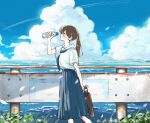  1girl arm_behind_back bag blue_neckerchief blue_skirt blue_sky blush bottle brown_bag brown_hair cloud cloudy_sky commentary_request contrail day feet_out_of_frame from_side guard_rail hand_up hatopippi45 highres holding holding_bag holding_bottle horizon long_hair making-of_available medium_skirt midriff_peek neckerchief ocean original outdoors parted_lips pleated_skirt ponytail profile purple_eyes rust sailor_collar school_bag school_uniform serafuku shirt short_sleeves skirt sky solo standing sweat walking water_bottle water_drop white_sailor_collar white_shirt 