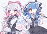  2girls :d ;d black_bow blue_hair blush_stickers bow braid braided_hair_rings commentary_request cross-laced_clothes cross-laced_dress dress drumsticks fang frilled_hairband frilled_wrist_cuffs frills gradient_hair hair_bow hair_ornament hair_rings hairband highres holding holding_drumsticks holding_microphone_stand layered_dress lolita_fashion long_sleeves looking_at_viewer mahou_shoujo_no_majo_saiban microphone_stand multicolored_hair multiple_girls one_eye_closed open_mouth pink_eyes pink_hair sakuraba_ema short_hair simple_background skin_fang smile tachibana_sherry unnmo_1102 white_background white_hair white_hairband wrist_cuffs x_hair_ornament yellow_eyes 
