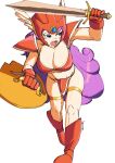  1girl 3amsoda arm_up armor bikini bikini_armor blue_eyes boots breasts cleavage dragon_quest dragon_quest_iii gloves helmet holding holding_shield holding_sword holding_weapon large_breasts leaning_forward long_hair looking_to_the_side open_mouth purple_hair red_bikini red_boots red_helmet shield shoulder_armor swimsuit sword thigh_strap very_long_hair warrior_(dq3) weapon white_background winged_helmet 