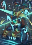  2boys armor battle blonde_hair commentary_request energy_sword forehead_jewel helmet highres holding holding_sword holding_weapon long_hair male_focus mega_man_(series) mega_man_zero_(series) mega_man_zero_2 multiple_boys omochi_(mochi_skymega) panter_flauclaws_(mega_man) red_armor red_helmet sword weapon z_saber zero(z)_(mega_man) zero_(mega_man) 
