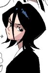  1girl black_hair black_hakama black_kimono bleach closed_mouth english_commentary furrowed_brow hair_between_eyes hakama japanese_clothes kimono kuchiki_rukia looking_back lowres magma_(medium) oekaki paint_chat_(medium) short_hair simple_background sketch solo teknodice white_background 