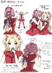  2girls 6th_live_dream_~bloom_garden_party~ :d ;d absurdres ahoge anyoji_hime arrow_(symbol) black_ribbon blonde_hair blue_eyes blue_hair bow commentary_request do!_do!_do!_(love_live!) dress fang gradient_hair hair_bow hair_intakes hair_ribbon highres holding holding_microphone love_live! love_live!_hasu_no_sora_jogakuin_school_idol_club microphone mira-cra_park! multi-tied_hair multicolored_hair multiple_girls multiple_views one_eye_closed open_mouth osawa_rurino pink_bow pink_hair ponytail raised_inner_eyebrows red_dress red_thighhighs ribbon sio_pasta sleeveless sleeveless_dress smile standing taking_another's_hand thighhighs translation_request virtual_youtuber 