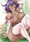  bare_shoulders blush breasts detached_sleeves fang large_breasts open_mouth panties pink_legwear purple_hair red_eyes red_panties short_hair sitting smile solo tan thighhighs touhou underwear yasaka_kanako yohane 