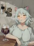  1girl :3 alcohol animal_ears arm_on_table ass blush breasts cat cat_ears cat_girl cat_tail cigarette collarbone commentary cup dot_nose drinking_glass earrings english_commentary etsushimaru_yakuko green_hair hand_under_clothes hand_under_shirt jewelry jk_arts large_breasts nude patreon_username photo-referenced photo_inset reference_inset reflection satou_yaniko shirt short_hair slit_pupils smoke smoke_trail smoking solo tail twitter_username white_shirt wine wine_glass yani_neko yellow_eyes 
