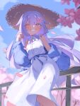  1girl absurdres alternate_costume blue_jacket blue_ribbon blue_sky breasts cherry_blossoms cloud commentary day dress english_commentary face_jewel feet_out_of_frame flower grin hair_flower hair_ornament hat highres hololive hololive_english jacket jacket_partially_removed jewel_under_eye koseki_bijou long_hair looking_at_viewer one_eye_closed outdoors pink_flower purple_eyes purple_hair ribbon said_ard sky sleeveless sleeveless_dress small_breasts smile solo straw_hat tree virtual_youtuber waist_ribbon white_dress 