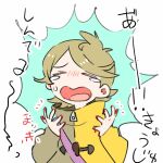  1boy bag blood blood_on_hand brown_hair coat collared_coat commentary crying deformed gamon_yuuta highres male_focus multicolored_coat nananiku_ichiko occultic;nine open_mouth purple_bag science_adventure short_hair shoulder_bag solo tearing_up tongue translation_request upper_body zipper_pull_tab 