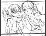  3girls 6th_live_dream_~bloom_garden_party~ blush ceras_yanagida_lilienfeld closed_mouth collared_dress commentary dream_believers dress fujishima_megumi greyscale hair_ornament hair_ribbon jealous jellyfish_cut katsuragi_izumi long_hair love_live! love_live!_hasu_no_sora_jogakuin_school_idol_club monochrome multiple_girls ribbon selfie short_sleeves smile takanashi_ayato triangle_hair_ornament two_side_up unfinished untranslatable_commentary virtual_youtuber 