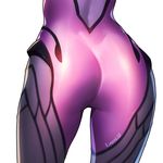  artist_name ass back bodysuit from_behind legs_apart lvans overwatch pink_bodysuit purple_skin simple_background skin_tight solo standing unmoving_pattern white_background widowmaker_(overwatch) 
