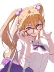  1girl :q adjusting_eyewear bag bow bowtie collared_shirt glasses gyaru gyarugasaki hair_between_eyes hair_ornament hand_on_eyewear highres konoe_kanata long_hair looking_at_viewer love_live! love_live!_nijigasaki_high_school_idol_club mochi_(znkn4524) pom_pom_(clothes) pom_pom_hair_ornament purple_bag purple_bow purple_bowtie purple_nails school_bag school_uniform shirt simple_background solo tongue tongue_out two_side_up upper_body white_background white_shirt 
