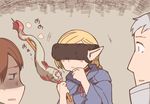  2boys blonde_hair brown_hair chilchuck dungeon_meshi eating eel elf hobbit laios_(dungeon_meshi) long_hair marcille multiple_boys nns_(sobchan) pointy_ears robe silver_hair sweatdrop vr_visor 