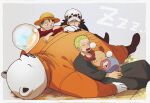  5boys antlers bear_boy bepo_(one_piece) black_hair closed_eyes commentary_request green_hair grin hat holding holding_unworn_clothes holding_unworn_hat horns jumpsuit kiyoshita looking_at_another lying lying_on_person male_focus monkey_d._luffy multiple_boys nose_bubble on_back one_piece open_mouth orange_jumpsuit red_shirt reindeer_antlers reindeer_boy roronoa_zoro scar scar_across_eye scar_on_face shirt short_hair sleeping smile straw_hat tony_tony_chopper trafalgar_law unworn_hat unworn_headwear white_hat zzz 