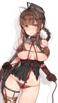  1girl absurdres ahoge bangs bare_shoulders bdsm black_gloves blunt_bangs blush bondage bound bra braid breasts brown_bra brown_hair cleavage closed_mouth crotch_rope dsr-50_(girls_frontline) elbow_gloves eyebrows_visible_through_hair girls_frontline gloves goyain hair_ornament hat highres large_breasts long_hair looking_at_viewer o-ring red_eyes revision rope shibari shibari_over_clothes sidelocks single_elbow_glove single_thighhigh smile solo thigh_strap thighhighs thighs torn_clothes underwear very_long_hair 
