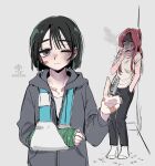  2girls alien_stage an_sin arm_sling bandaid bandaid_on_face bandaid_on_finger bandaid_on_hand black_hair black_pants bruise bruise_on_face cast cigarette cigarette_butt commentary crying grey_hoodie hand_in_pocket highres holding holding_cigarette hood hoodie injury long_hair mizi_(alien_stage) mizi_(zombie_stage) multiple_girls one_eye_closed pants pink_hair purple_eyes short_hair smoke smoking splint sua_(alien_stage) sua_(zombie_stage) tears trembling untranslatable_commentary yellow_eyes zombie_stage 