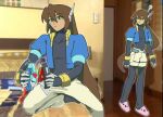  1boy 1girl ? aile_(mega_man_zx) black_bodysuit blue_jacket bodysuit brown_hair cropped_jacket green_eyes hair_between_eyes highres jacket lei_arrrrt10 long_hair looking_at_another mega_man_(series) mega_man_zx mega_man_zx_advent mixed_media model_x_(mega_man) model_z_(mega_man) open_clothes open_jacket outer_glow photo_background robot_ears vent_(mega_man) 