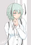  alternate_breast_size antennae aqua_eyes arm_behind_back blouse blush breasts buttons cheek_poking cube85 green_hair hair_between_eyes highres large_breasts lips long_sleeves looking_at_viewer poking short_hair signature solo suspenders touhou upper_body white_blouse wriggle_nightbug 