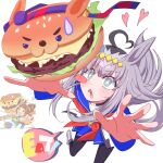  +_+ 1girl ahoge album_cover_redraw animal_ears blue_eyes blue_sailor_collar brooch burger commentary_request derivative_work dog_for_amami ear_ornament food grey_hair grey_tail hair_between_eyes hairband headband heart highres horse_ears horse_girl horse_tail idolmaster idolmaster_(classic) jacket jewelry korean_commentary long_hair long_sleeves multicolored_hair multicolored_hairband multiple_girls neckerchief oguri_cap_(starlight_beat)_(umamusume) oguri_cap_(umamusume) open_mouth outstretched_arms pleated_skirt red_headband red_neckerchief sailor_collar shirt skirt speech_bubble star_brooch striped_clothes striped_hairband sweatdrop tail takatsuki_yayoi tamamo_cross_(umamusume) tongue tongue_out two-tone_hairband umamusume white_shirt 