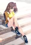  breasts brown_eyes brown_hair casual chuunibyou_demo_koi_ga_shitai! ep_(emio_parn) hair_ornament hairclip highres legs long_hair looking_at_viewer medium_breasts nibutani_shinka one_side_up shoes side_ponytail sitting solo stairs tying_shoes 