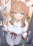  1girl :d almond_eye_(umamusume) animal_ears apron blue_eyes blush braid breasts brown_hair chahanramen commentary_request doorway hair_ornament hairclip holding holding_ladle horse_ears horse_girl housewife ladle long_hair looking_at_viewer open_mouth opening_door pov pov_doorway ribbed_sweater side_braid smile solo sweater twitter_username umamusume white_apron white_sweater 