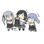  3girls arm_warmers asashio_(kantai_collection) black_hair blue_hair commentary_request eyebrows hair_ribbon kantai_collection kasumi_(kantai_collection) long_hair multiple_girls ooshio_(kantai_collection) pleated_skirt remodel_(kantai_collection) ribbon side_ponytail simple_background skirt suspender_skirt suspenders sweatdrop tun twintails white_background 