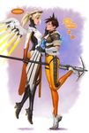  between_legs blonde_hair bodysuit brown_hair bruise crotch_rub dirty english floating hand_on_another's_face injury leg_up mechanical_halo mechanical_wings mercy_(overwatch) multiple_girls orange_bodysuit overwatch pantyhose speech_bubble staff tony_warne torn_clothes tracer_(overwatch) wings yuri 