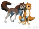  2014 alpha_and_omega canine canon_couple cuddling cute daffodille duo female feral humphrey kate_(alpha_and_omega) looking_back male male/female mammal romantic_couple simple_background smile white_background wolf 