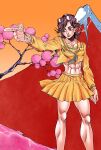  1girl abs absurdres aged_up araki_hirohiko_(style) closed_mouth commentary_request diamond_wa_kudakenai earrings eyewear_on_head heart highres jewelry jojo_no_kimyou_na_bouken jojo_pose kujo_jotaro's_pose mount_fuji muscular muscular_female neckerchief official_style orange_skirt orange_sky peace_symbol pointing saradaver school_uniform serafuku shizuka_joestar skirt sky solo stud_earrings sunglasses 