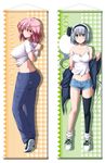  :o alternate_costume arms_behind_back ass bare_shoulders black_jacket black_legwear blue_shorts blush blush_stickers breasts buttons character_name collarbone contemporary curvy denim eyebrows eyebrows_visible_through_hair full_body green_footwear hairband highres jacket jeans konpaku_youmu konpaku_youmu_(ghost) large_breasts looking_at_viewer midriff multiple_girls multiple_views navel nori_tamago off_shoulder open_clothes open_jacket pants parted_lips pink_hair red_eyes saigyouji_yuyuko shirt shoes short_hair short_shorts shorts single_thighhigh sleeveless smile sneakers standing stomach t-shirt tank_top tareme thighhighs touhou white_shirt 