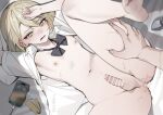  2boys absurdres after_anal anal_fluid arms_up aroused artist_name bar_censor barefoot blonde_hair blurry bottomless bow bowtie butt_plug cellphone censored charging_device commentary_request crossdressing crossdressing_(mtf) cum cum_on_body cum_on_stomach cum_pool cumdrip depth_of_field erection hand_on_another's_thigh hand_on_own_head head_on_pillow highres leg_up lying male_focus medium_hair miya_hayashi_(ummd7854) multiple_boys navel nipples on_back on_bed open_clothes open_mouth open_shirt original partial_commentary penis perineum phone pillow pov pov_hands sex_toy shirt short_sleeves small_penis smartphone soles solo_focus spread_legs stomach striped_bow striped_bowtie striped_clothes tearing_up teeth testicles toes trap twitter_username white_shirt yaoi yellow_eyes 