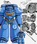  1boy 2girls adeptus_astartes adeptus_mechanicus armor blue_armor breastplate breathing_tube female_orc full_armor height_difference helmet highres hood mechanical_arms multiple_girls orc pauldrons portrait power_armor salamander_(popo51332877) shoulder_armor terminator_armor ultramarines warhammer_40k 
